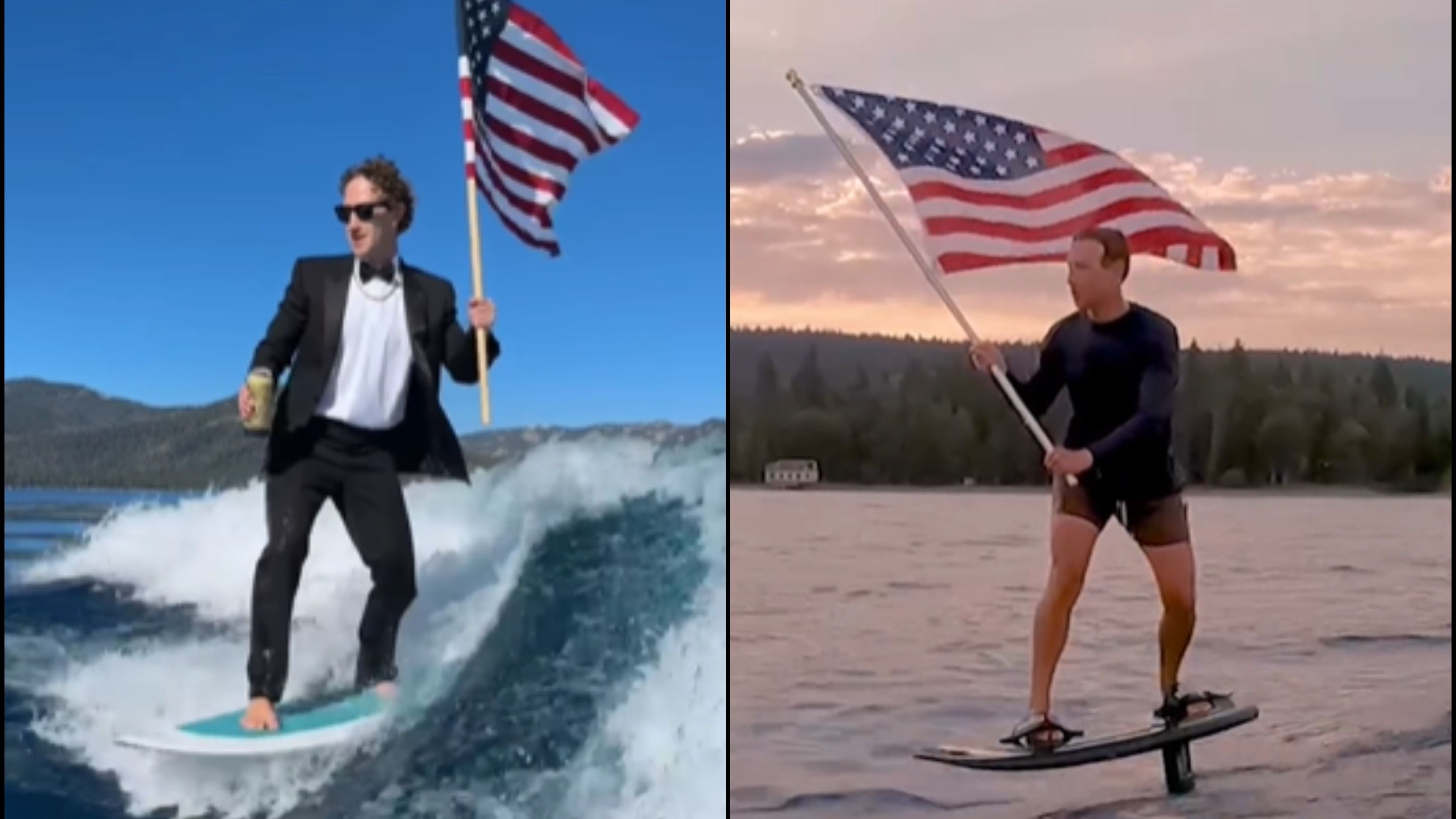 Mark Zuckerberg Celebrates Fourth of July in Style: Surfing in a Tuxedo with American Flag