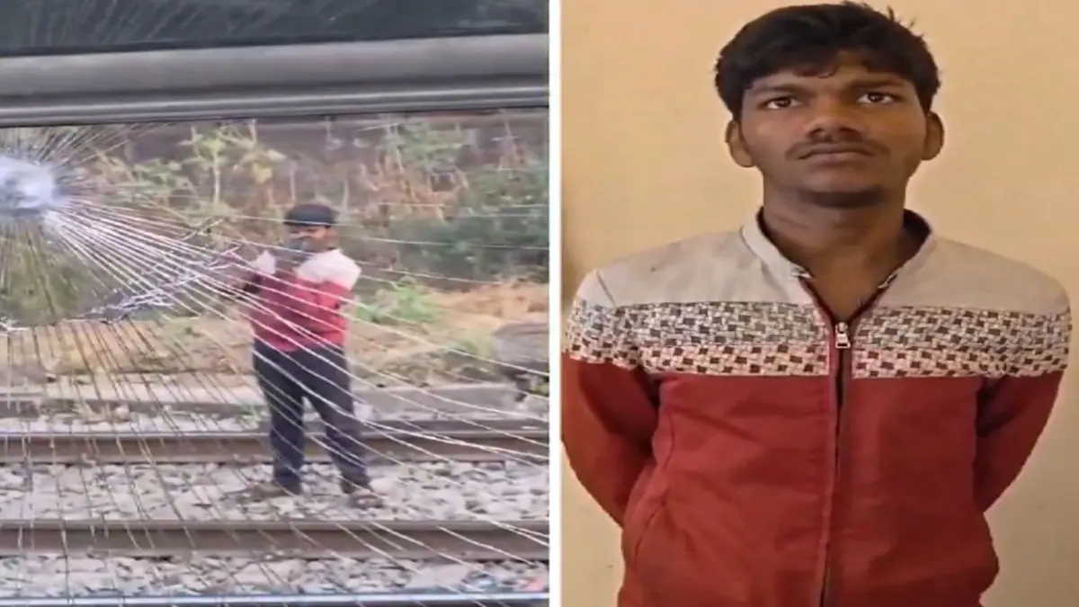 Caught on Cam: Drunk Scrap Dealer Hurls Stones at Vande Bharat Express Near Kalyan, Arrested Caught on Cam: Drunk Scrap Dealer Hurls Stones at Vande Bharat Express Near Kalyan, Arrested