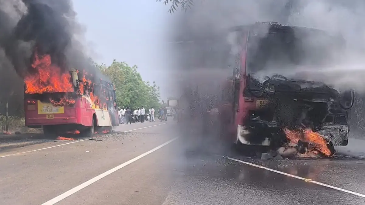Tragic Fiery Collision: Bike Rider Burnt Alive After Crash With KSRTC Bus in Karnataka's Vijayapura Fiery Crash in Vijayapura: Bike Rider Burnt Alive After Collision with KSRTC Bus
