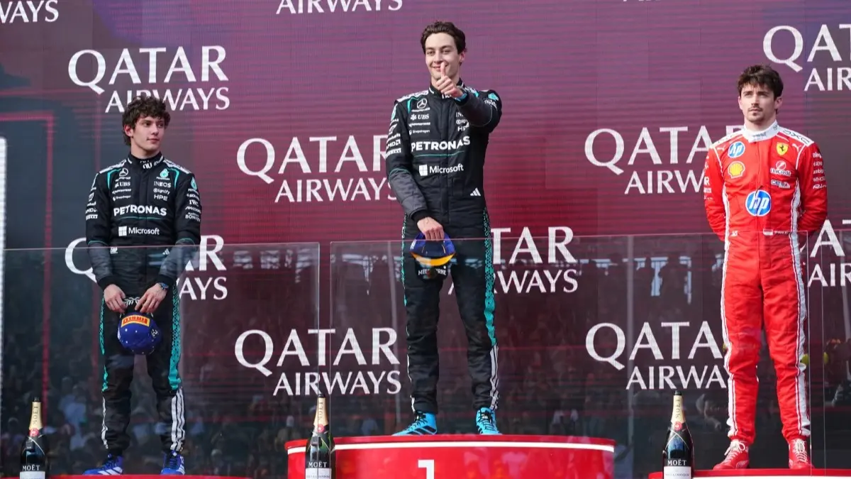 Australian GP: Mercedes AMG F1 Wrap Up 1-2 Finish in Melbourne, George Russell Emerges Victorious George Russell, Andrea Kimi Antonelli, Charles Leclerc