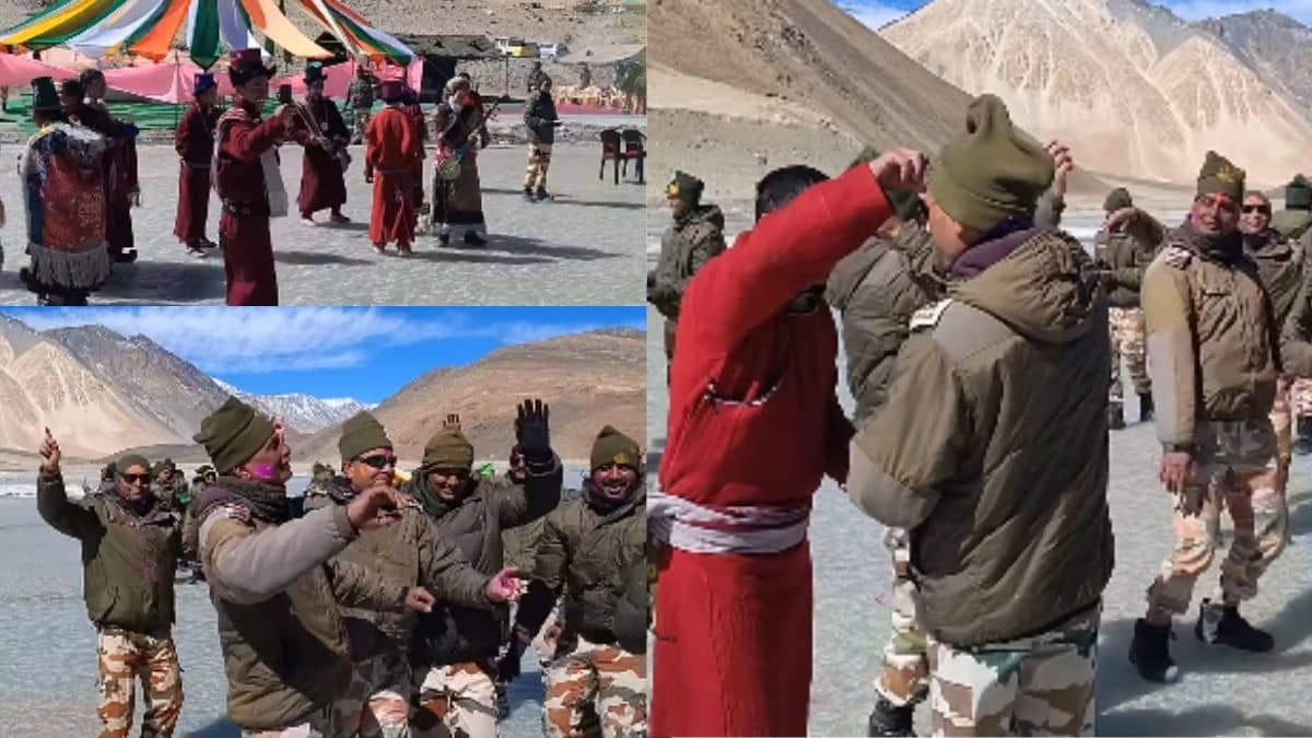 Holi at 14,300 Ft: Amid Freezing Cold, ITBP Jawans Celebrate Festival With Villagers Near Pangong Lake | WATCH