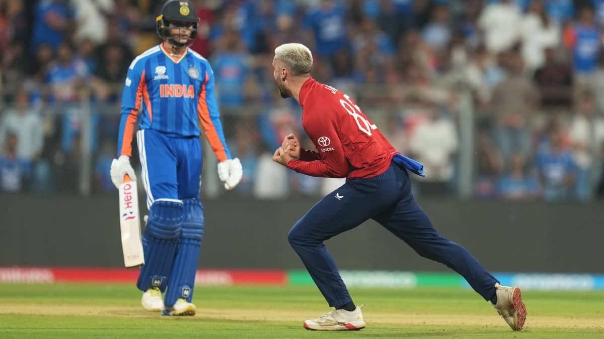 India's Abhishek Sharma walks away from the crease after getting dismissed against England