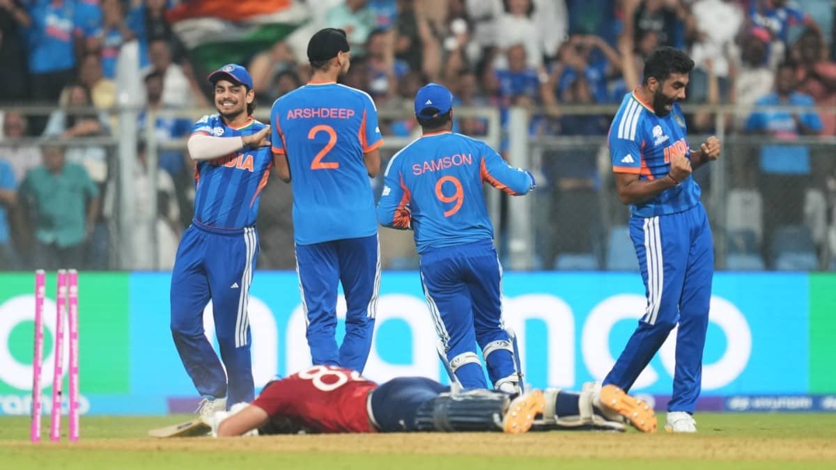India's Jasprit Bumrah and teammates celebrate the run out of England's Jacob Bethell in the T20 World Cup 2026