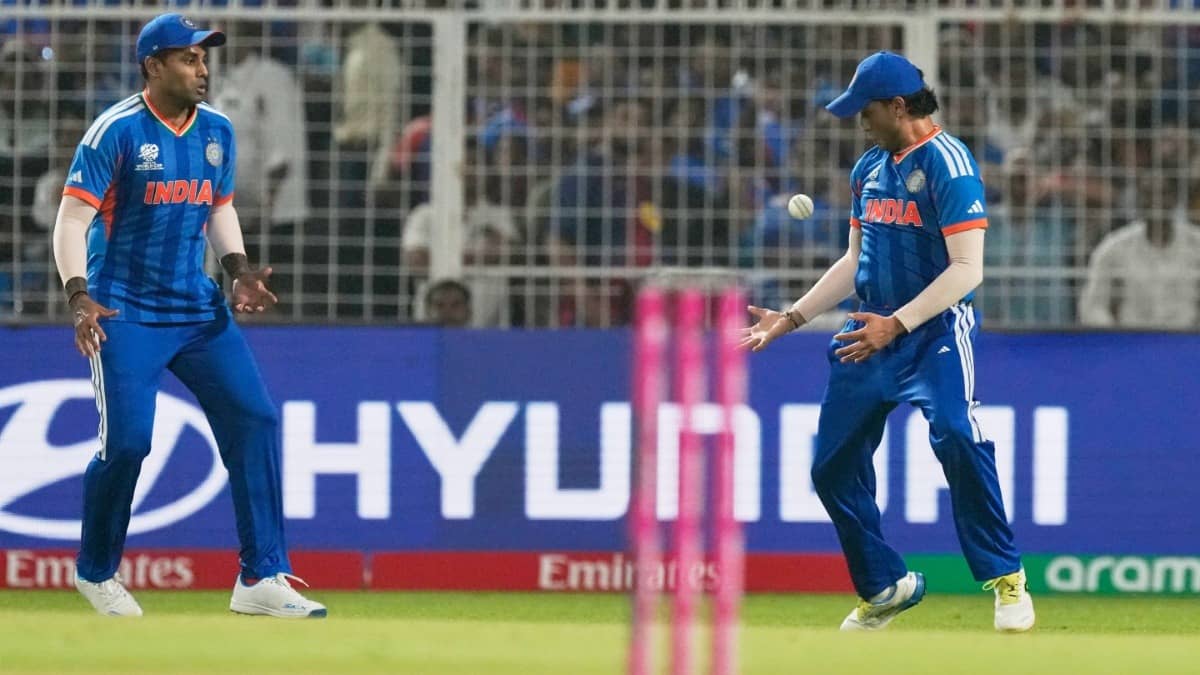 Indian captain Suryakumar Yadav watches teammate Abhishek Sharma drop a catch against West Indies