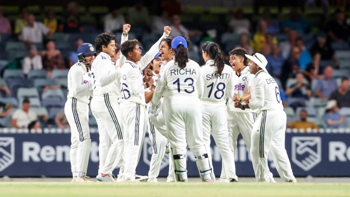 Indian Women's players celebrating after taking a wicket against Australia in 1st Test