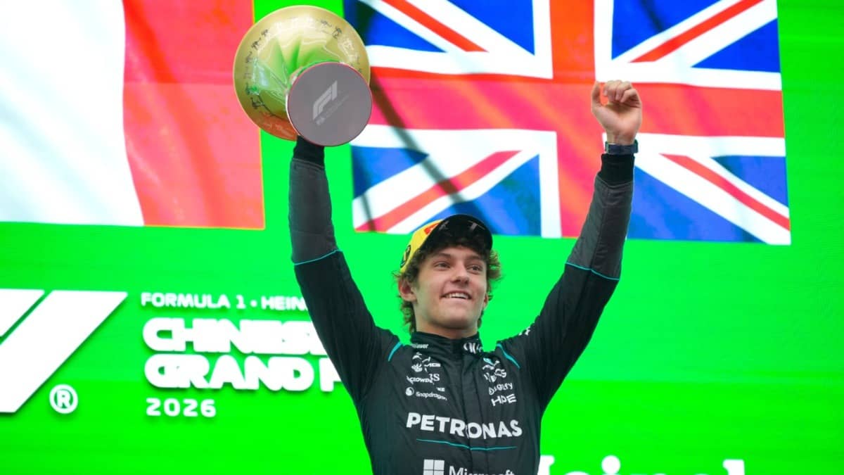 Kimi Antonelli celebrating after winning Chinese GP