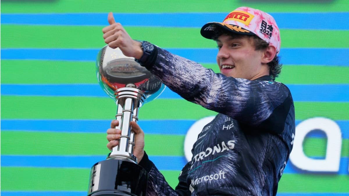 Kimi Antonelli celebrating after winning Japanese GP