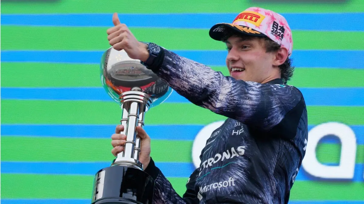 Formula One: Mercedes Prodigy Kimi Antonelli Wins Japanese GP For Second Straight Victory Kimi Antonelli celebrating after winning Japanese GP