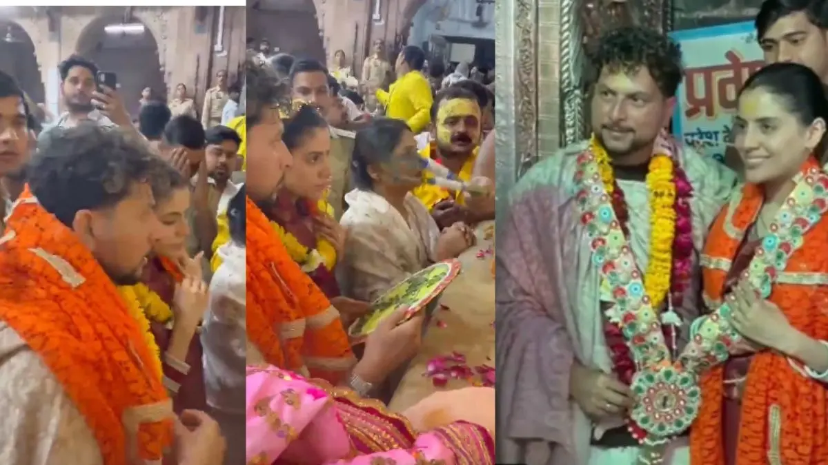 VIDEO: शादी के बाद कृष्ण भक्ति में रंगे 'चाइनामैन' कुलदीप यादव, पत्नी वंशिका संग पहुंचे वृंदावन Kuldeep Yadav Wife vanshika at banke Bihari