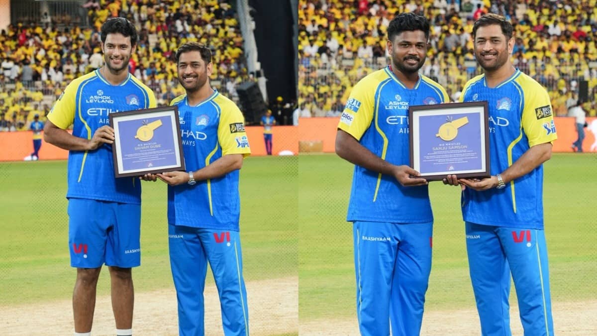 MS Dhoni honours Shivam Dube and Sanju Samson