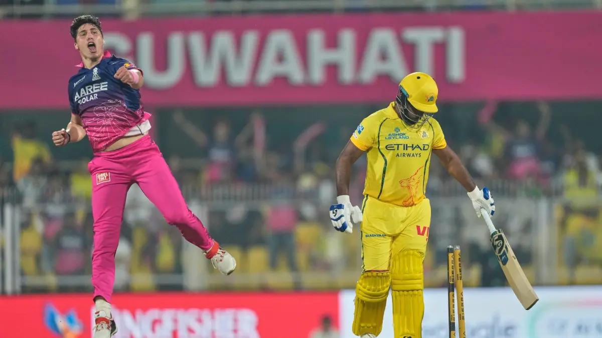 Poor Beginning For Sanju Samson In IPL 2026, Star Batter Departs For Six On CSK Debut vs Rajasthan Royals Nandre Burger celebrates Sanju Samson's dismissal
