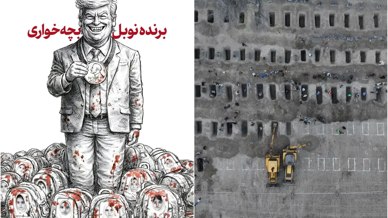 'Nobel Cannibal': Khamenei's X Account Shares Hideous Cartoon Of Trump Standing Amid Bloodied Bags Of Iranian Kids 'Nobel Cannibal': Khamenei's X Account Shares Hideous Cartoon Of Trump Standing Amid Bloodied Bags Of Iranian Kids