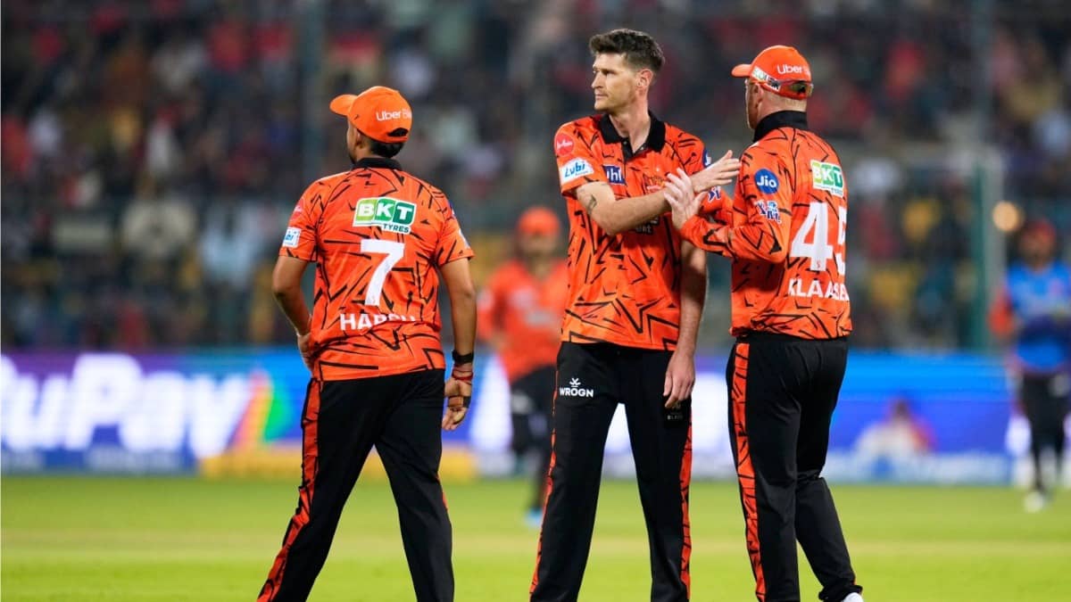 SRH's David Payne celebrates with teammates after RCB skipper Rajat Patidar's dismissal