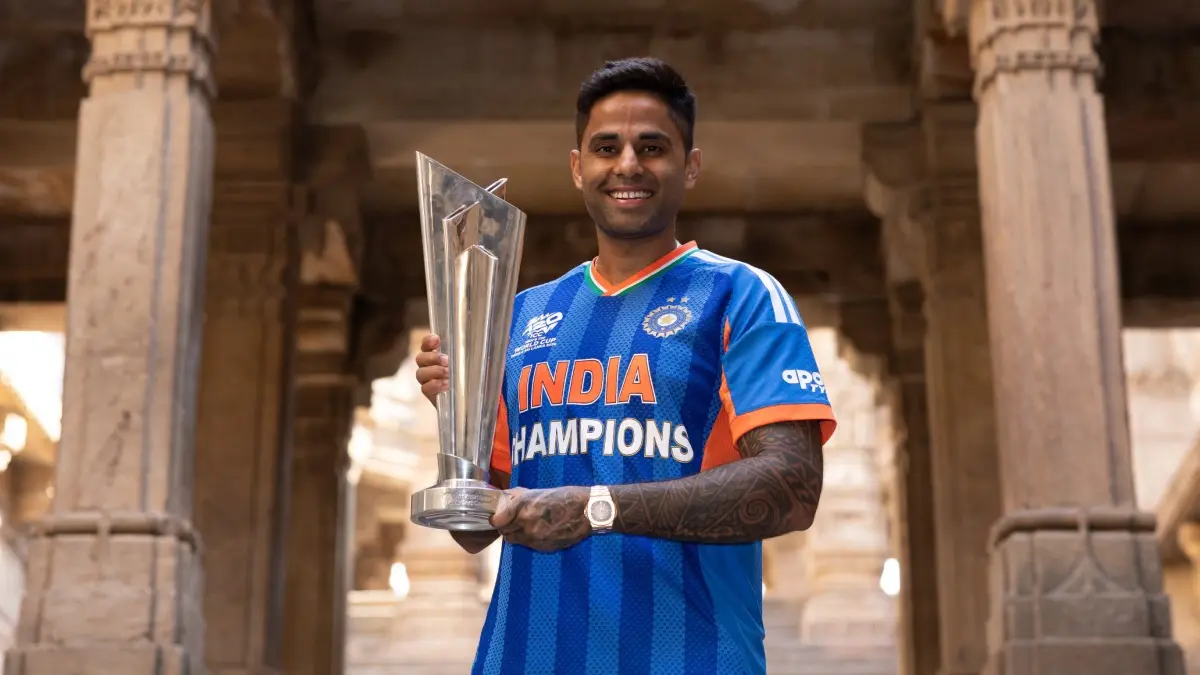 Suryakumar Yadav Poses With Trophy In Customary ICC Photoshoot Post T20 World Cup Victory At Adalaj Stepwell, Check Pics Suryakumar Yadav poses with T20 World Cup trophy