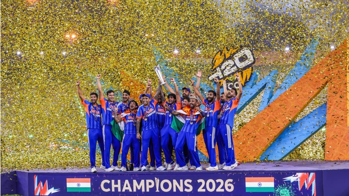 Team India celebrate after winning the T20 Cricket World Cup 2026 at Narendra Modi Stadium