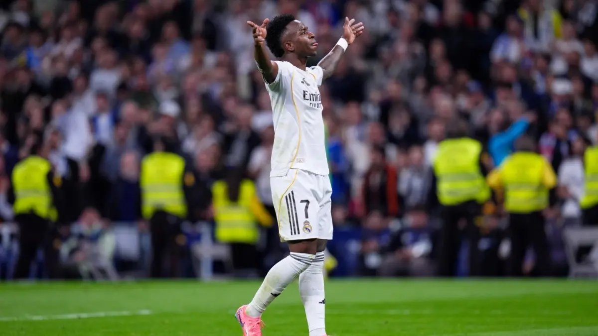 Vinicius' Brace Helps Real Madrid Clinch Pulsating 3-2 Victory Over Atletico In Crucial La Liga Clash Vinícius celebrating after scoring a goal against Atletico Madrid