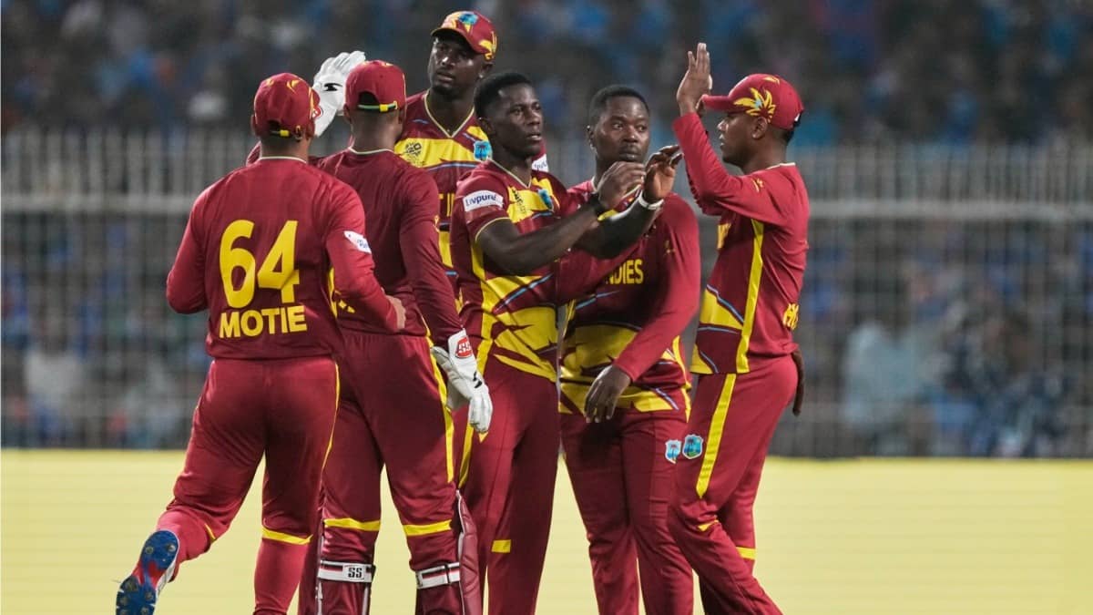 West Indies players celebrating after taking a wicket against India