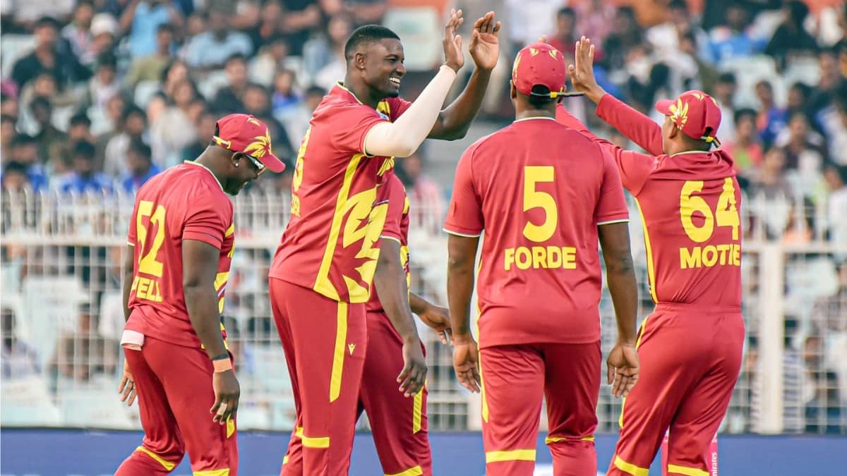 West Indies players celebrating after taking a wicket in T20 World Cup 2026