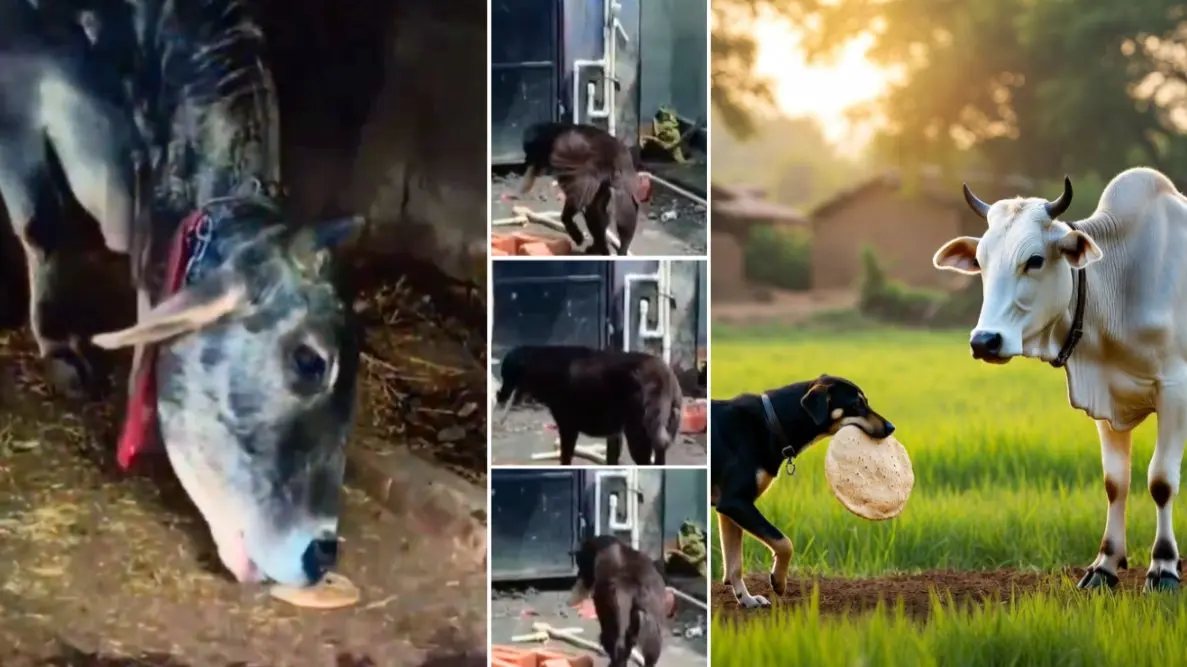 VIRAL VIDEO: जय-वीरू से भी तगड़ी निकली दो बेजुबानों की दोस्ती... जब गाय के लिए कुत्ता मुंह में दबाकर ले गया रोटी, दिल छू लेने वाला वीडियो dog brings roti for cow viral video