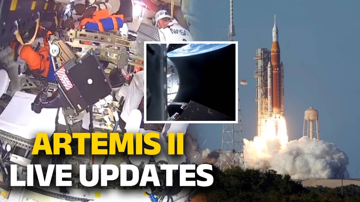 Artemis II live update showing NASA Orion spacecraft orbiting Earth with astronauts conducting checks before Moon mission