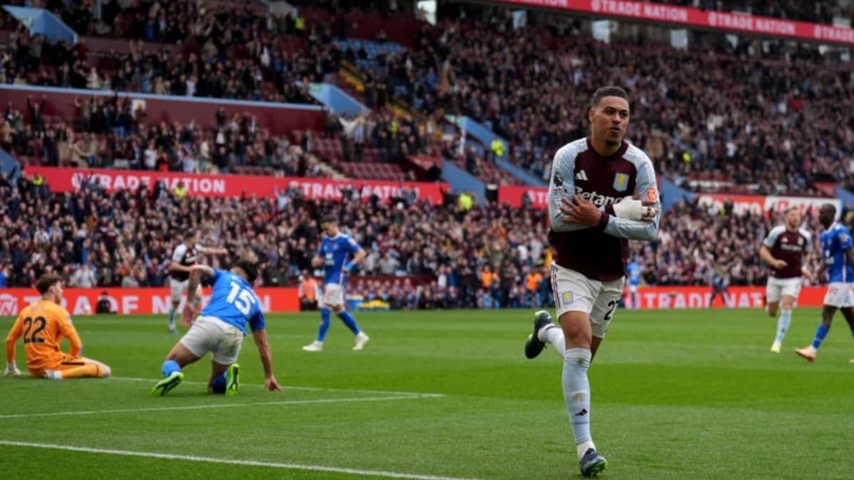Aston Villa’s Morgan Rogers celebrates scoring in the Premier League