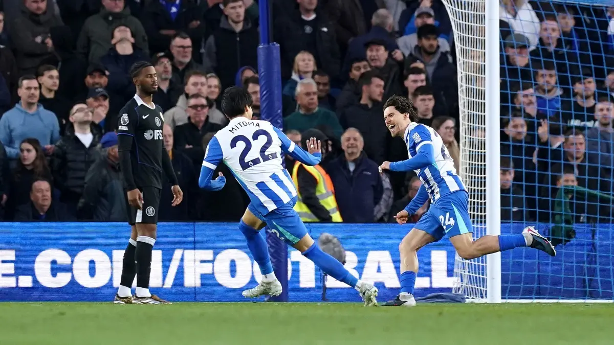 Premier League: Chelsea's Champions League Hopes Hang By A Thread After 3-0 Defeat To Brighton & Hove Albion Brighton players celebrate their goal against Chelsea