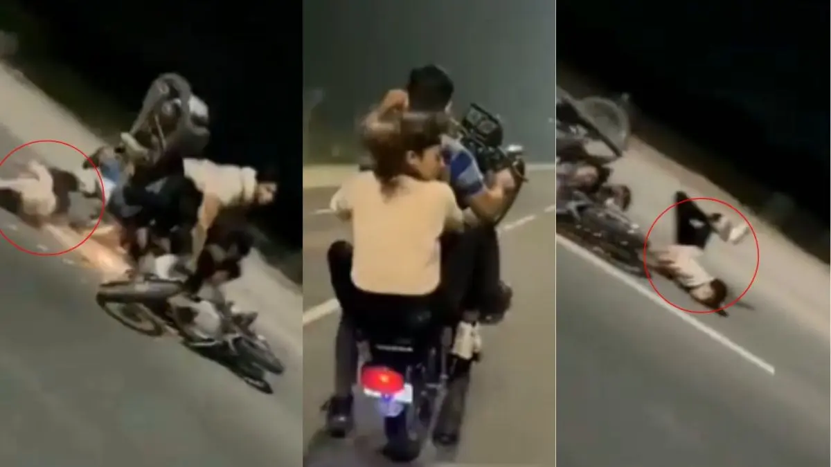 VIRAL VIDEO: बाइक पर बिठाया लड़की और पीछे दोस्तों का काफिला... फिर निकले रील के स्टंट सफर पर, बिगड़ा बैलेंस और कई फीट दूर गिरे लड़का-लड़की couple-horribly-crashes from bike accident while-filming-reel-of-dangerous-bike-stunt-on-highway-friends-also-injured-viral video