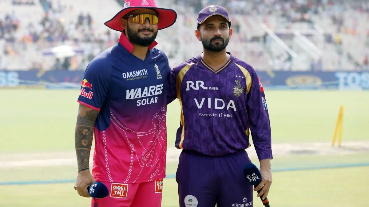 KKR की फिरकी में उलझे राजस्थान के 'रजवाड़े', जीत के लिए कोलकाता को मिला 156 रनों का लक्ष्य Kolkata Knight Riders vs Rajasthan Royals Riyan Parag Ajinkya Rahane