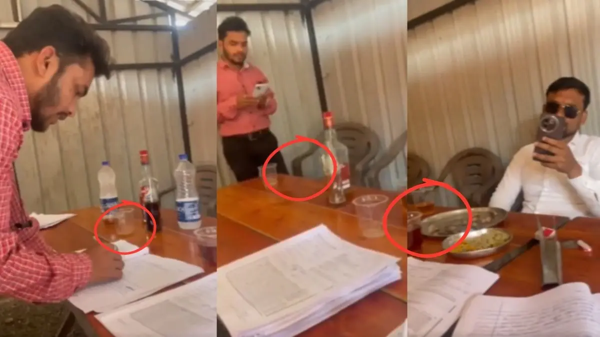 टेबल पर शराब की बोतल, हाथ में पैग और साथ में सिगरेट का कश...ढाबे पर बैठकर गुरुजी ने लिखी 'छात्रों की किस्मत', हिला देगा 'नशेबाज' मास्टर का ये Video latur drunken teachers shocking viral video