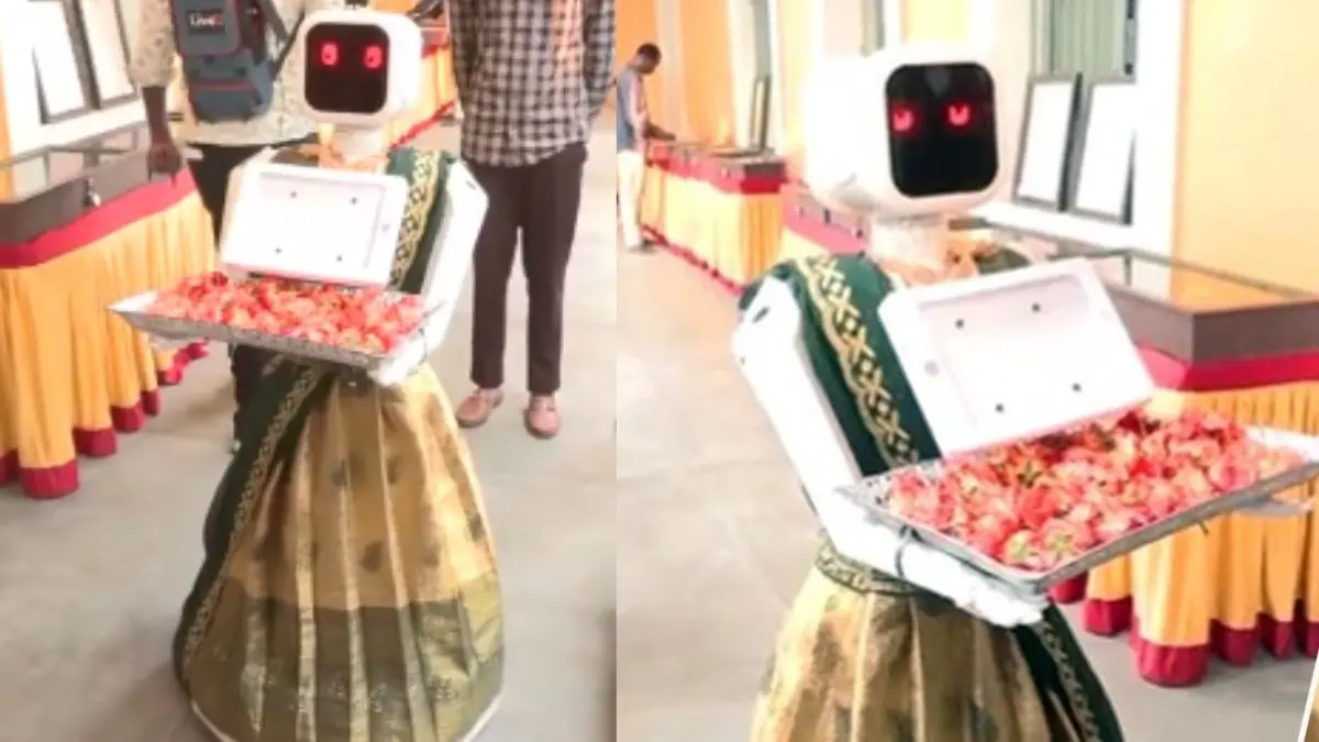 Meet ‘Nila’: Saree-Clad Robot Greets Voters at Puducherry Polling Booth | WATCH Meet ‘Nila’: Saree-Clad Robot Greets Voters at Puducherry Polling Booth | WATCH