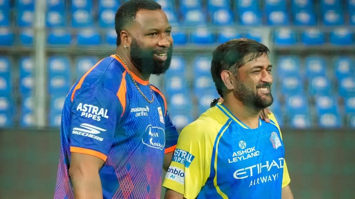 Wait To Witness MS Dhoni Magic In IPL 2026 Continues, CSK Stalwart Unlikely To Feature vs Mumbai Indians: Report MS Dhoni and Kieron Pollard share a light moment