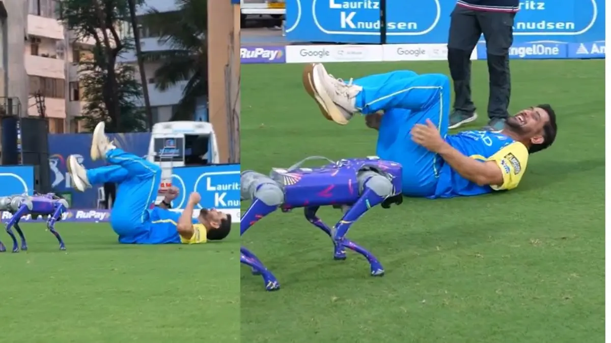 Watch: मैदान में रोबोट देख MS Dhoni छोटे बच्चे की तरह हंसकर होने लगे लोटपोट, वायरल हुआ VIDEO ms dhoni robot dog video