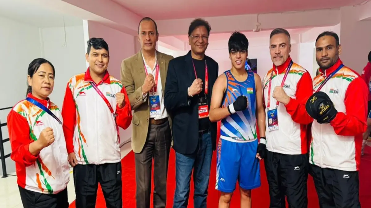 Asian Boxing Championships 2026: Indian Women Top Medal Charts, Win 4 Golds Priya (60 kg) celebrates her gold medal win with BFI president Ajay Singh and the coaches at Asian Boxing Championship 2026