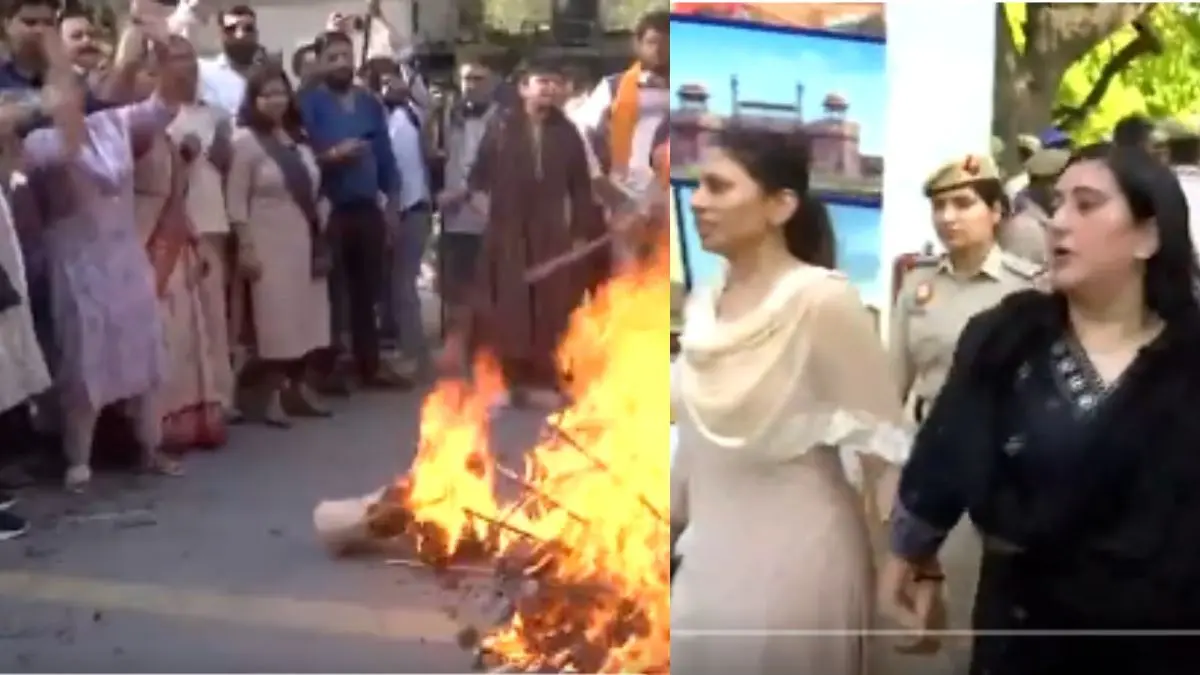 Rahul Gandhi के घर के बाहर BJP का जोरदार हंगामा, महिला आरक्षण बिल गिरने पर भड़कीं महिला सांसद, हिरासत में ली गईं सांसद बांसुरी स्वराज Rahul Gandhi Residence BJP Protest