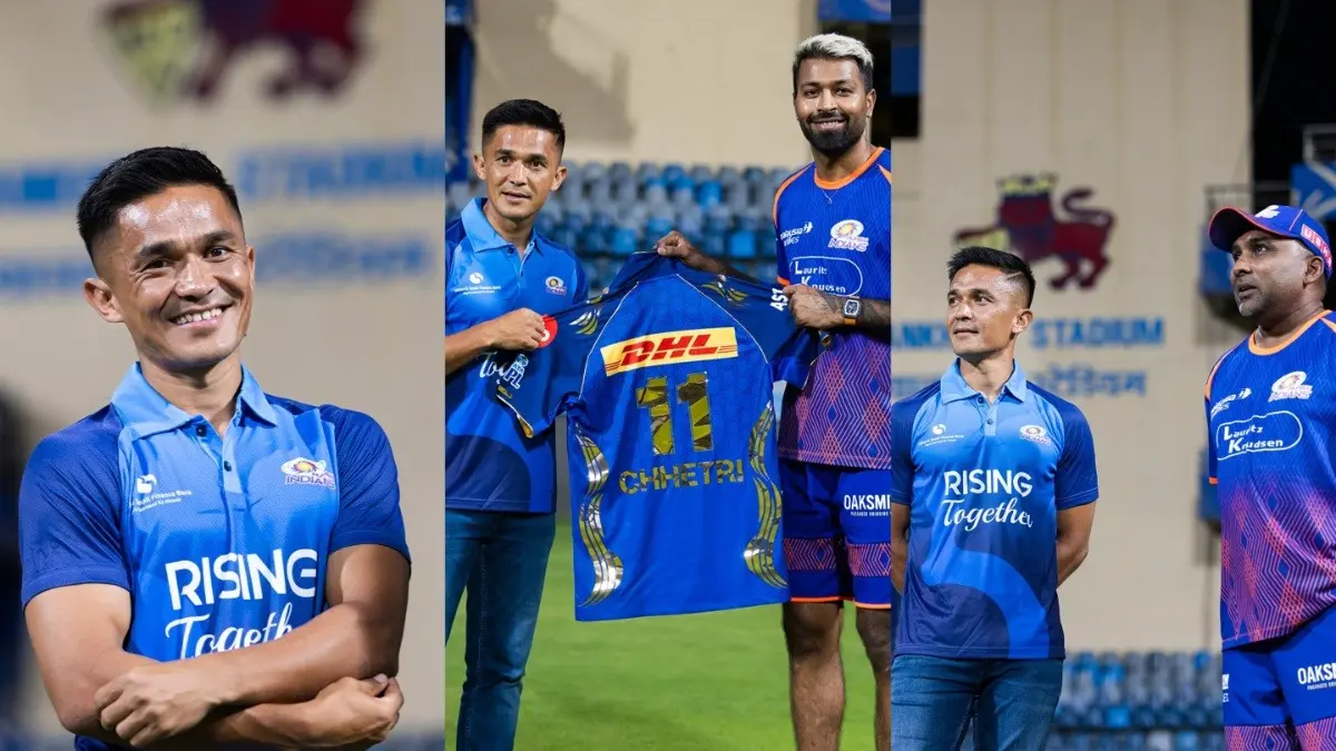 Sunil Chhetri Joins Mumbai Indians Training Session At Wankhede, Skipper Hardik Pandya Gifts MI Jersey To Indian Football Icon Sunil Chhetri visits Mumbai Indians' training session