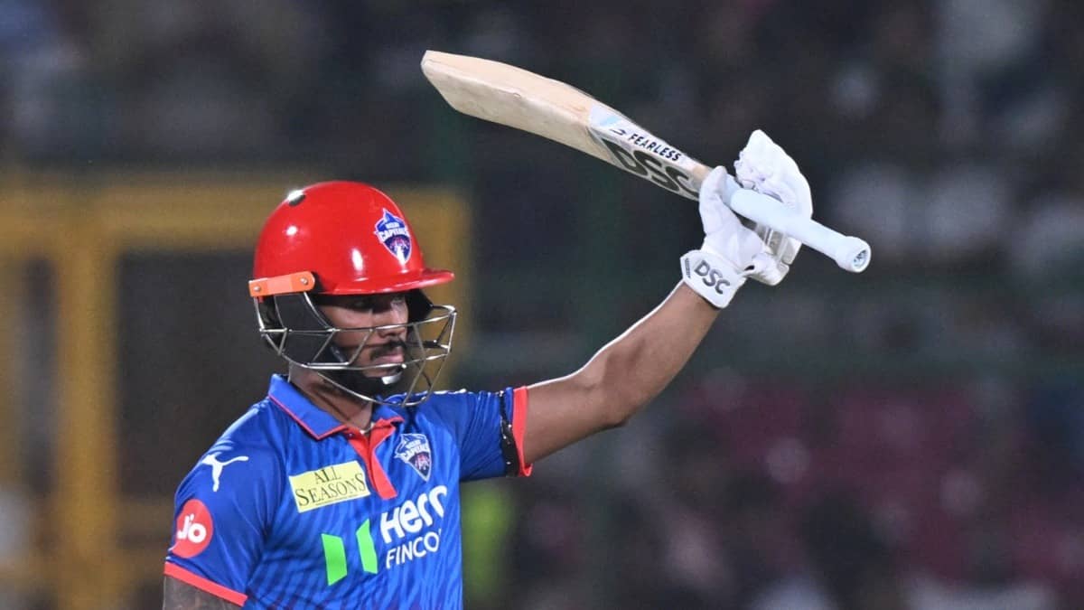 DC opener Pathum Nissanka celebrating after his fifty against RR