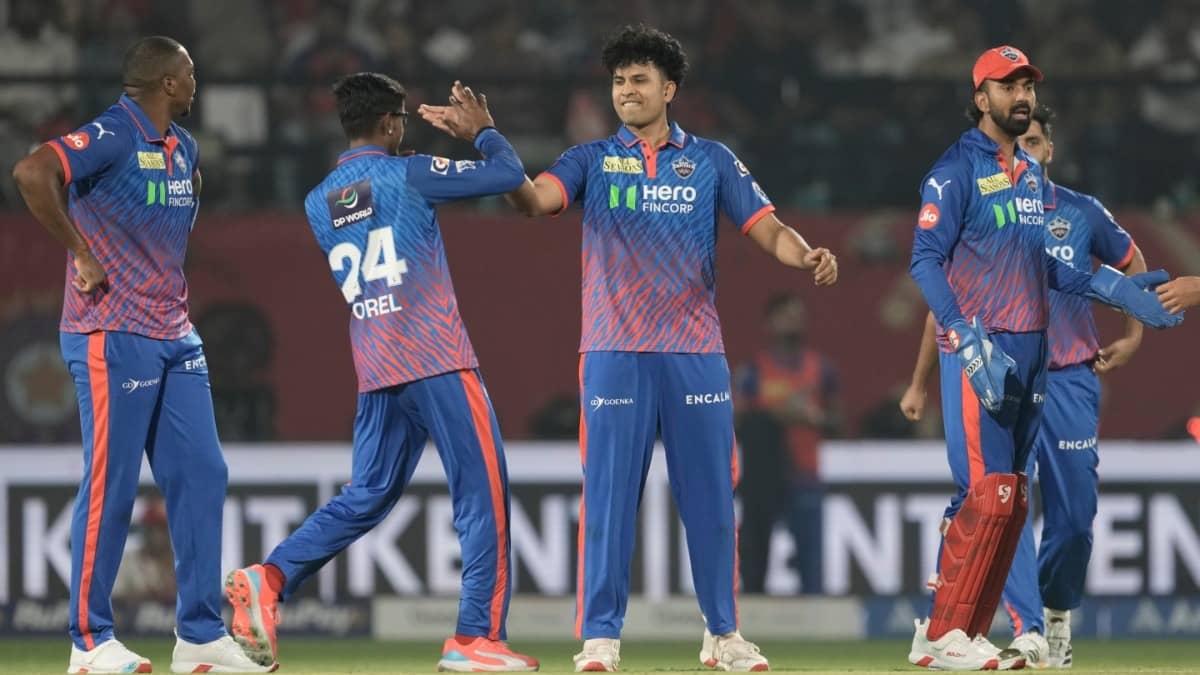 DC players celebrating after taking a wicket against PBKS