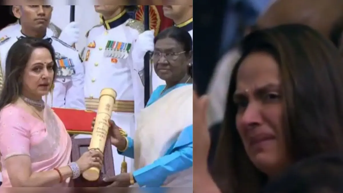 Dharmendra's Daughter, Ahana Deol, Breaks Down In Tears As Hema Malini Accepts Padma Vibhushan Honour On His Behalf Dharmendra Padma Vibhushan hema malini
