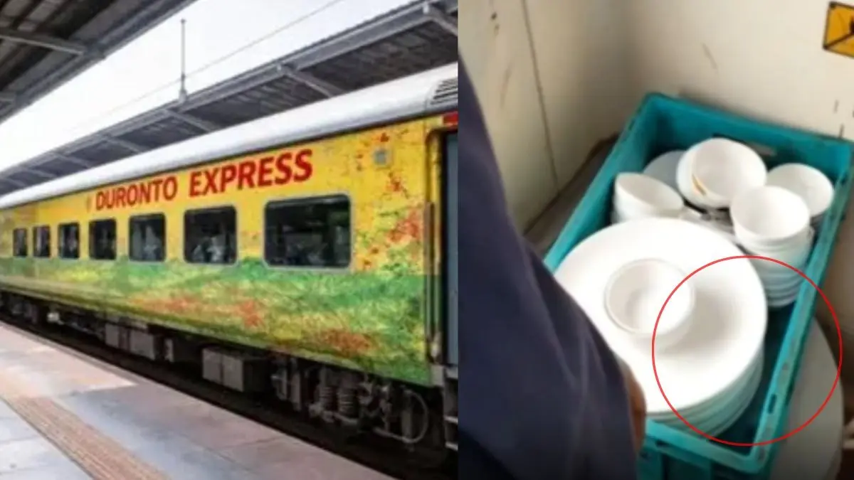 VIRAL VIDEO: ये करने की जगह है... दुरंतो एक्सप्रेस में IRCTC स्टाफ खाना परोसने वाला बर्तन टॉयलेट में कर रहा था साफ, देखकर आ जाएगी उल्टी irctc-staff- duronto-express washing-food-plates cleaned-in-train-toilet hygiene-issue viral-video