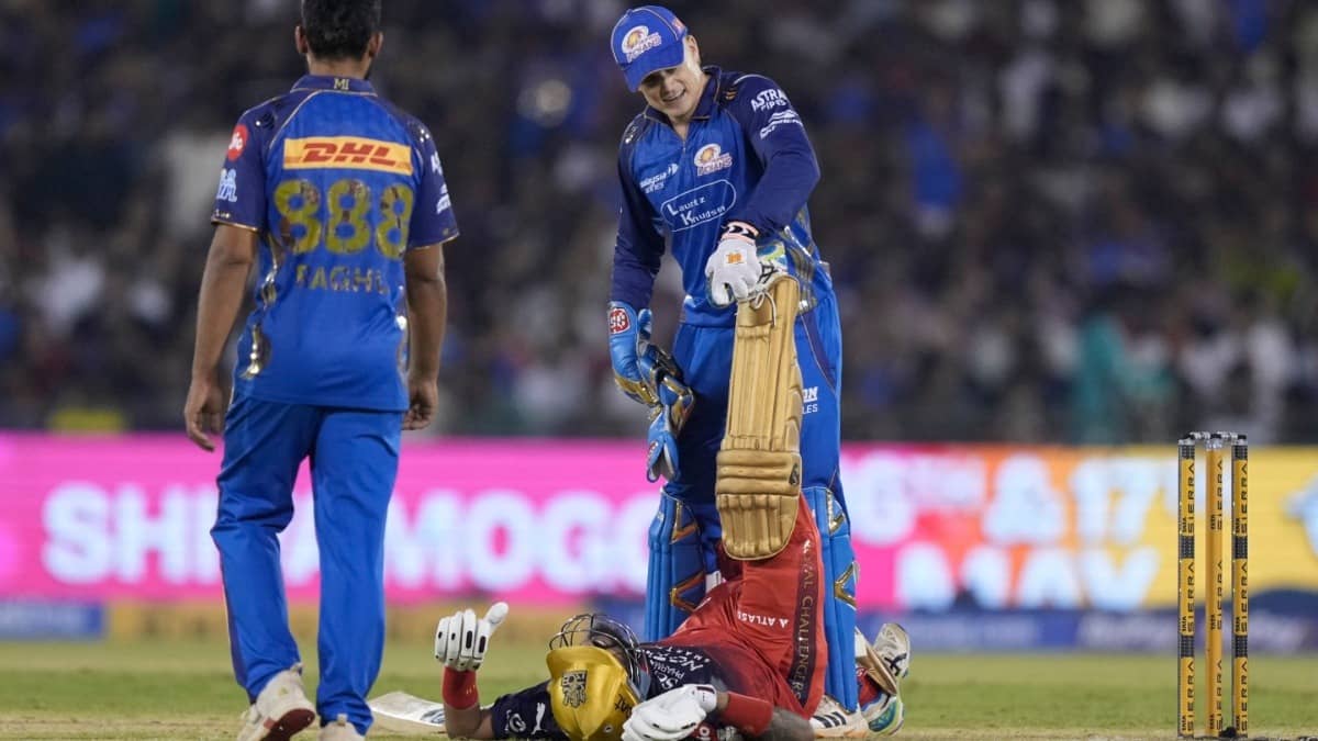 MI's Ryan Rickelton helps RCB's Krunal Pandya in the IPL 2026 fixture