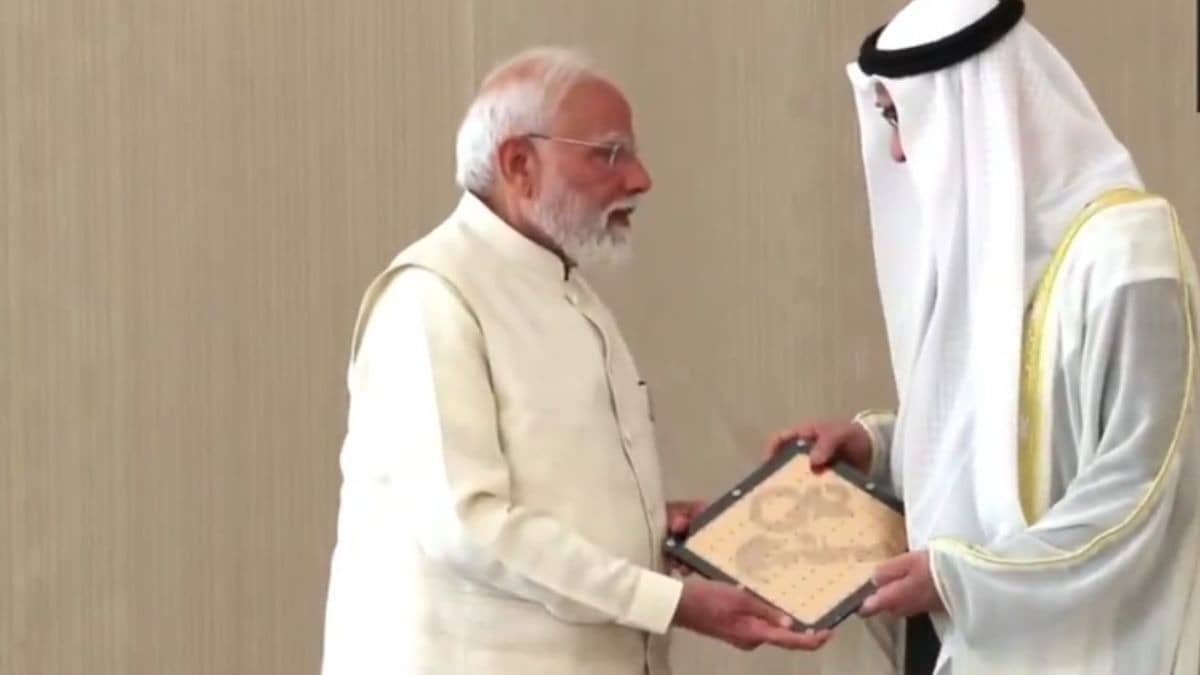PM Narendra Modi shaking hands with UAE President Sheikh Mohamed bin Zayed Al Nahyan during delegation-level talks in Abu Dhabi