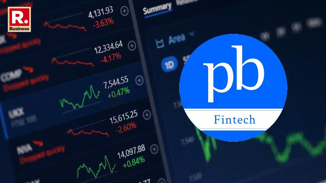 Policybazaar Parent PB Fintech In Focus As Founders Plan 3.8 Million Share Block Deal The digital logo of Policybazaar displayed on a smartphone screen against a blurred background of stock market candlestick charts.