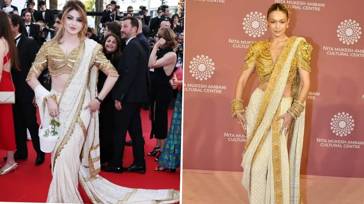 Designer Sandeep Khosla Reacts To Urvashi Rautela Walking Cannes Red Carpet In 'Very Gandi Copy' Of Gigi Hadid's Iconic White And Gold Saree Urvashi Rautela copies Gigi Hadid?