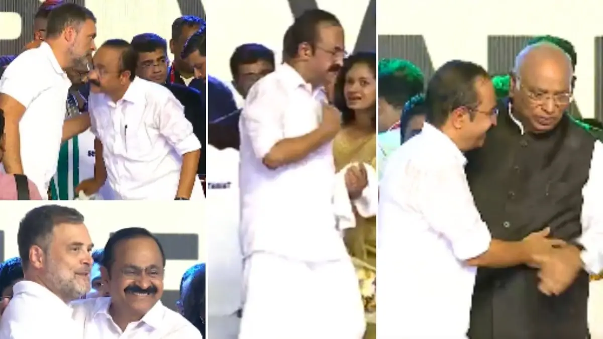 शपथ के तुरंत बाद राहुल गांधी ने वीडी सतीशन के कान में ऐसा क्या कह दिया? सुनते ही सीधे मल्लिकार्जुन खरगे की तरफ भागे- VIDEO VD Satheesan शपथ लेते ही राहुल गांधी के पास गए, कान में क्या कहा? तुरंत खरगे के पास पहुंचे