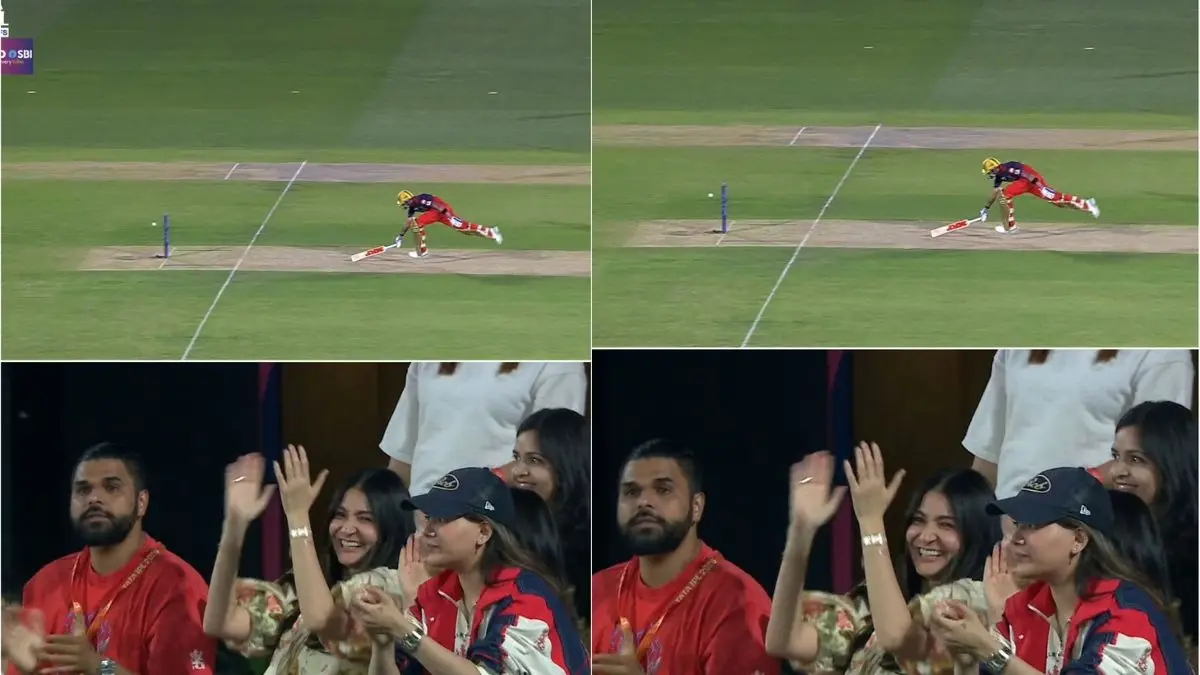 RCB vs GT Qualifier-1: बाल-बाल बचे रन आउट से विराट कोहली, स्टैंड्स में बैठी अनुष्का शर्मा भी नहीं रोक पाईं अपनी हंसी Virat Kohli run out Anushka Sharma