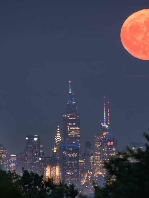 A crisp shot of the moon golden-amber as it sits just above a city skyline or a forest canopy.