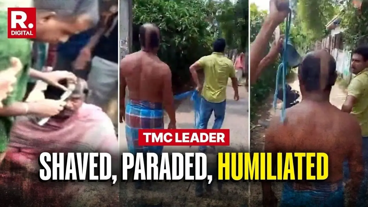 Angry Mob Shaves TMC Leader's Head, Parade Him With Garland Of Slippers Over 'Cut-Money' Allegations | VIDEO Angry Mob Shaves TMC Leader's Head, Parade Him With Garland Of Slippers Over 'Cut-Money' Allegations | VIDEO