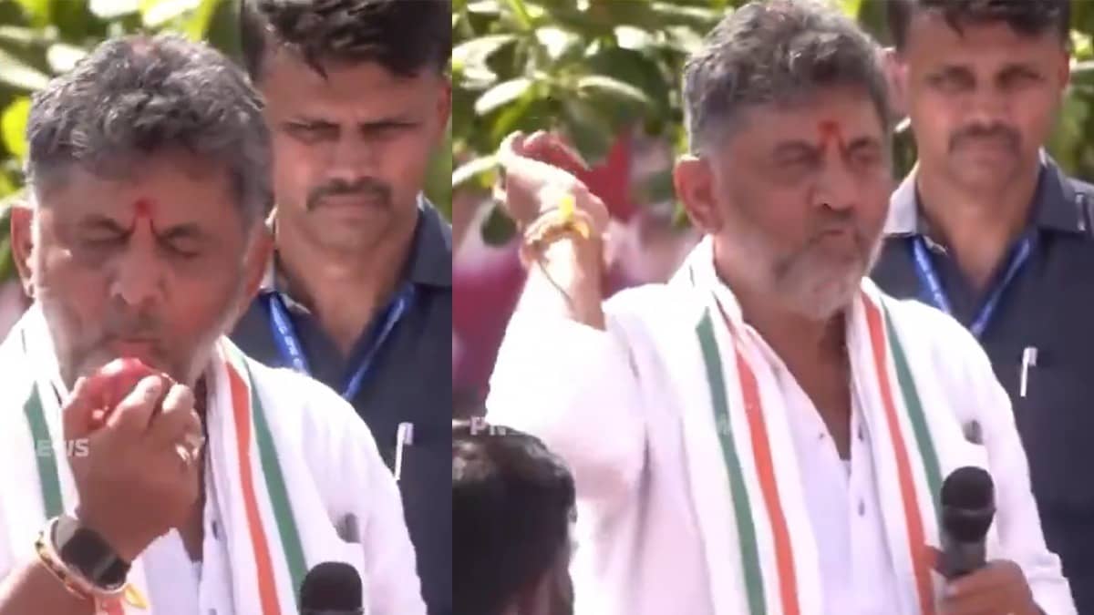 Bite, Toss & Cheer: DK Shivakumar Takes An Apple Bite Then Tosses It To Cheering Crowd, Video Goes Viral  | WATCH