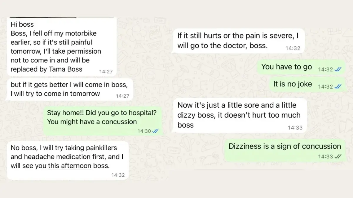'Boss, Just a Little Dizzy’: A Company's Founder’s Viral Chat With Injured Employee Who Tried to Work After Bike Crash Wins Hearts Online 'Boss, Just a Little Dizzy’: A Company's Founder’s Viral Chat With Injured Employee Who Tried to Work After Bike Crash Wins Hearts Online