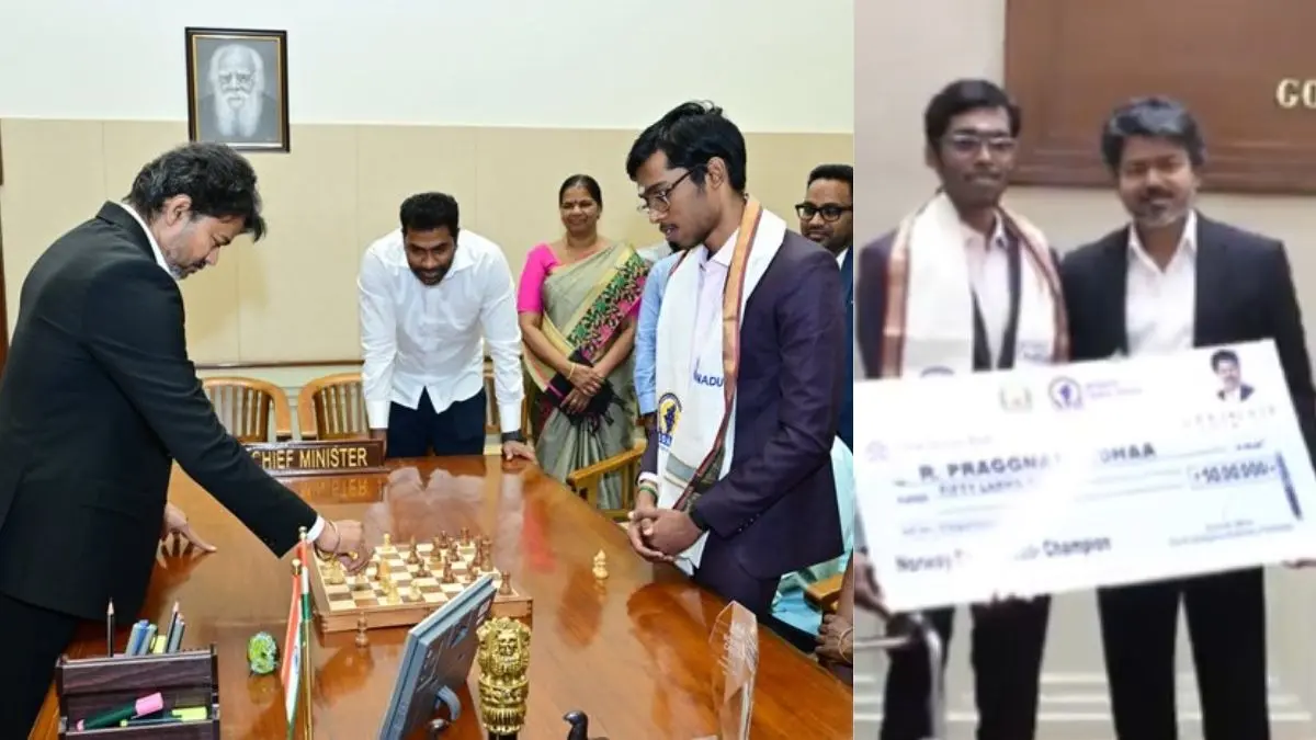 तमिलनाडु CM विजय ने ग्रैंडमास्टर प्रज्ञाननंदा के साथ खेला शतरंज, 20 वर्षीय स्टार खिलाड़ी के नॉर्वे चेस जीतने पर दिया ₹50 लाख का ईनाम; VIDEO CM Vijay meets R Praggnanandhaa